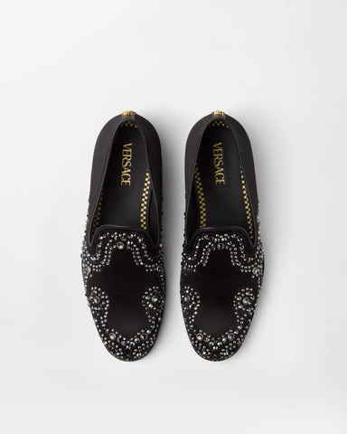 Medusa Embellished Satin Slippers