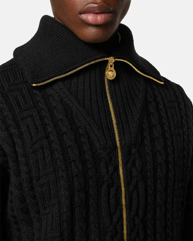 Embroidered Wool Knit Zip Sweater