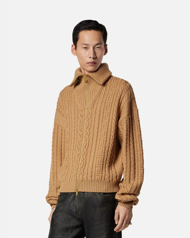 Embroidered Wool Knit Zip Sweater