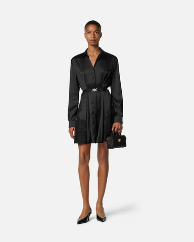 Lace-Trim Satin Mini Shirt Dress