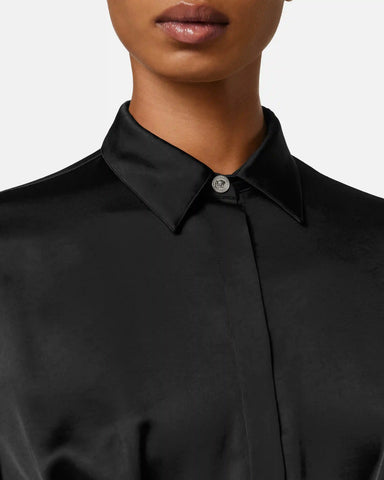 Lace-Trim Satin Mini Shirt Dress
