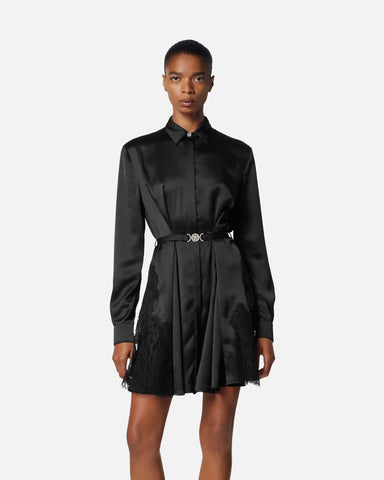 Lace-Trim Satin Mini Shirt Dress