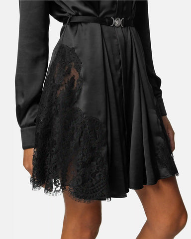 Lace-Trim Satin Mini Shirt Dress