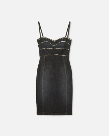 Embellished Denim Fitted Midi Dress