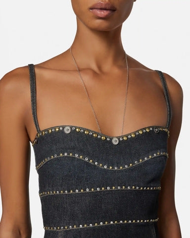 Embellished Denim Fitted Midi Dress