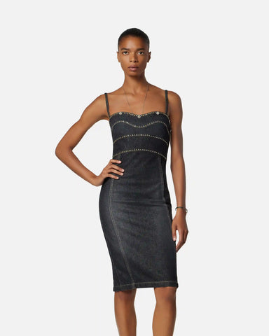 Embellished Denim Fitted Midi Dress