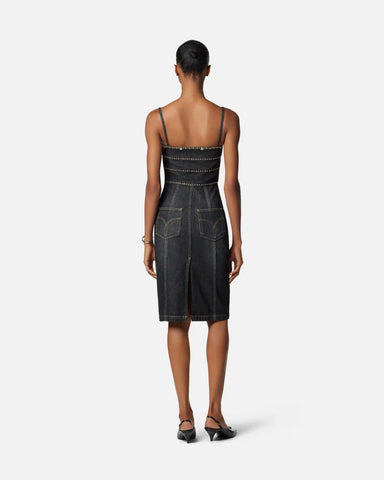 Embellished Denim Fitted Midi Dress