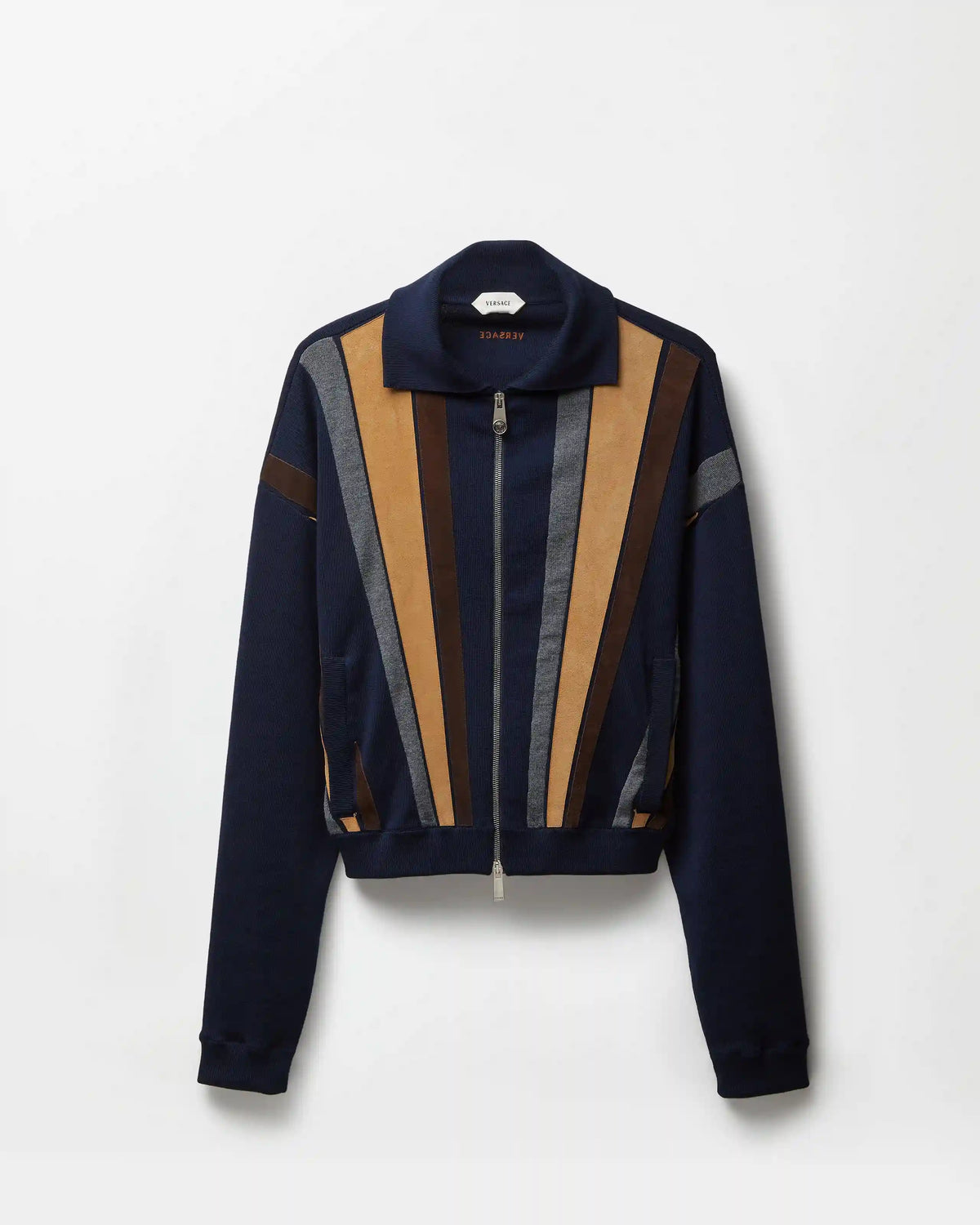 Intarsia-Wool & Leather Patchwork Zip Sweater