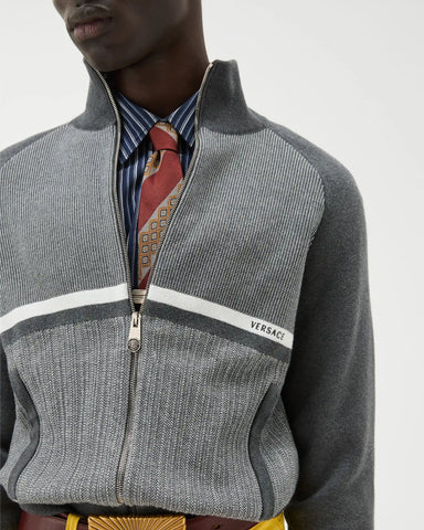 Embroidered Jacquard Cotton Knit Zip Sweater