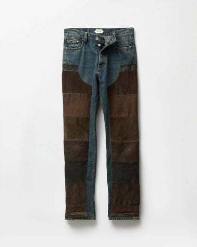 Leather Patchwork Straight Jeans