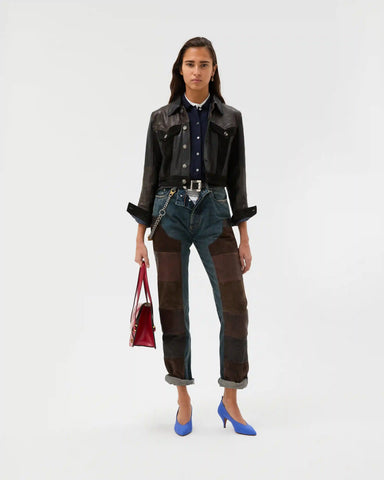 Leather Patchwork Straight Jeans