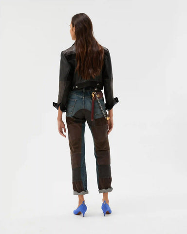 Leather Patchwork Straight Jeans