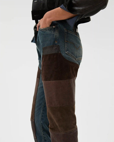 Leather Patchwork Straight Jeans