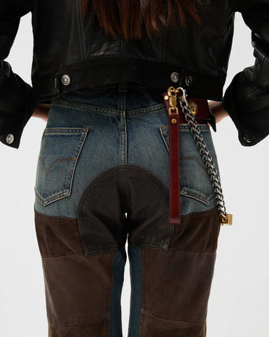 Leather Patchwork Straight Jeans