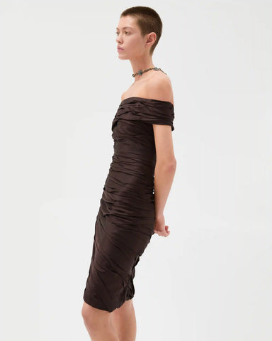 Draped Envers-Satin Off-Shoulder Midi Dress