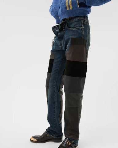 Leather Patchwork Straight Jeans