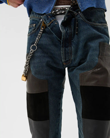 Leather Patchwork Straight Jeans