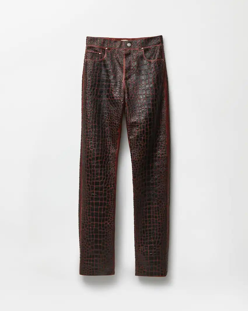 Embroidered Croc-Effect Leather Pants