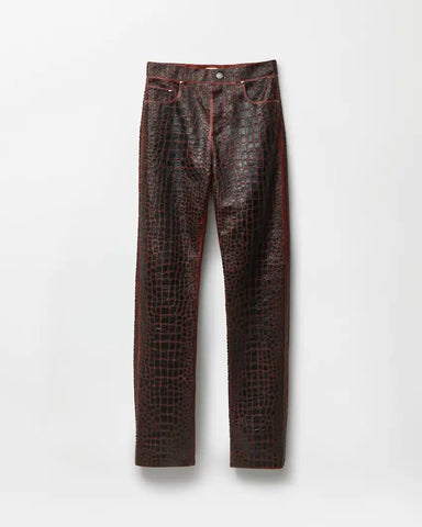 Embroidered Croc-Effect Leather Pants