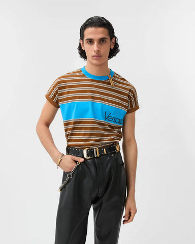 Embroidered-Logo Striped-Intarsia Cotton T-Shirt