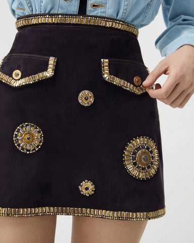 Embroidered Suede Mini Skirt